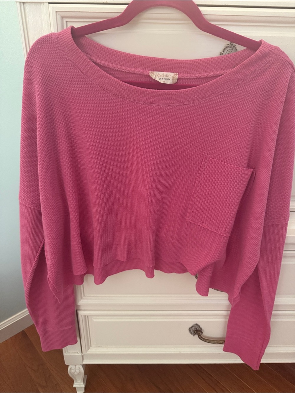 Altard State Pink Waffle-Knit Cropped long sleeve top with Chest Pocket